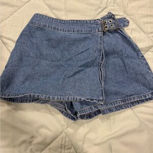 High-Rise Denim Skort Shorts in Blue